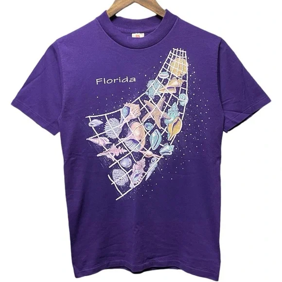 vintage 80s or 90s Florida seashells and net front graphic short sleeve T-shirt - Picture 1 of 6